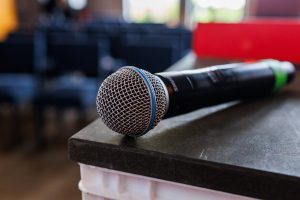 A microphone on a lectern