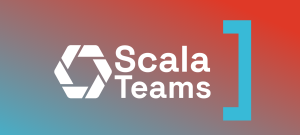 white logo of ScalaTeams on red and blue background