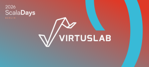 white logo of VirtusLab on red and blue background