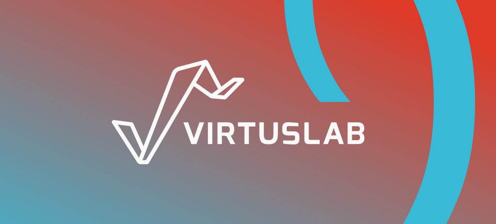 white logo of VirtusLab on red and blue background
